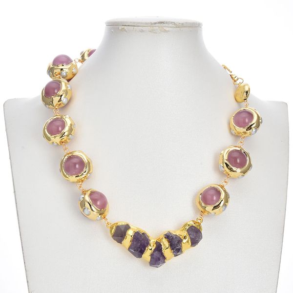 

natural pink cat eye white pearl gold plated beads necklace raw purple amethyst rough beads orm quartz pendant, Silver