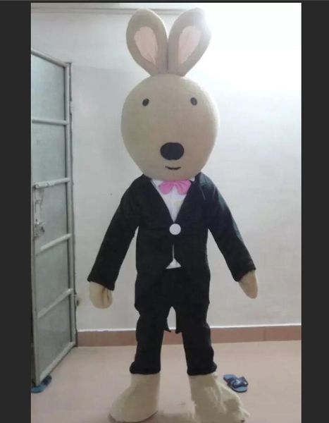 

brown bunny mascot costume with black suit for to wear, Red;yellow
