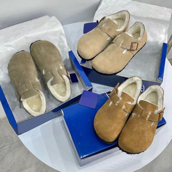

flat comfort cork slippers shearling fur warm boston london casual shoes winter plush wool women jogging shoes furry sandals mules loafers o, Black