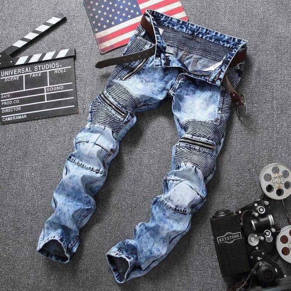 

new men's jeans slim straight tube fold zipper motorcycle snow hole blue jeans