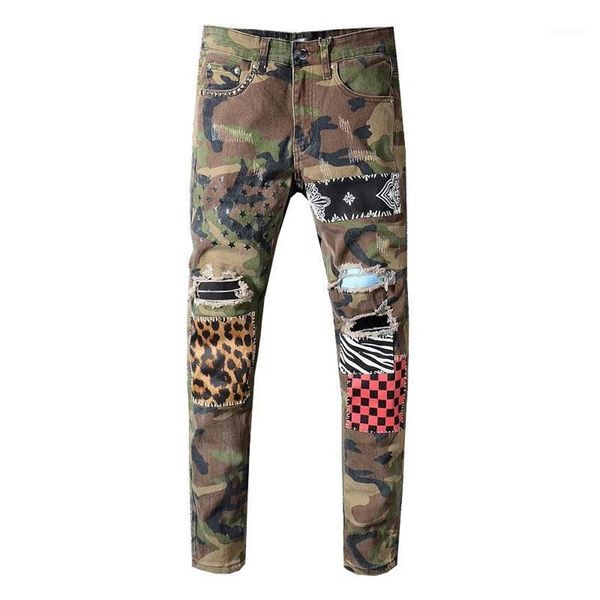 

men's jeans italy style men's distressed destroyed art patches stretch hollow out pant camo skinny slim trousers size 28259w, Blue