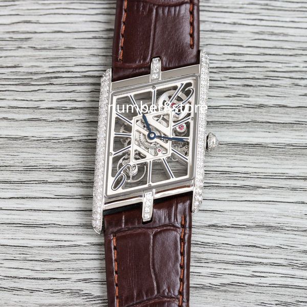 

whta0011 asymetrique large diamonds mens watch skeleton dial swiss quartz movement sapphire crystal luxury wristwatch leather strap 3 colors, Slivery;brown