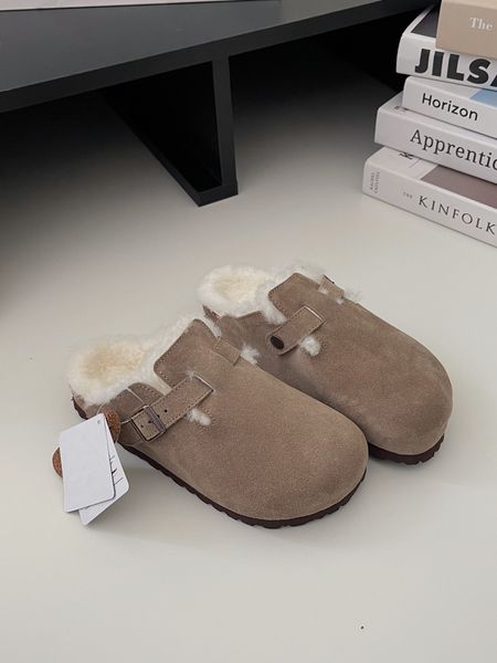 

slippers fur shearling suede boston clogs women sandal designer shoes slip on flat mule wool fluff cork slides fashion leather, Black