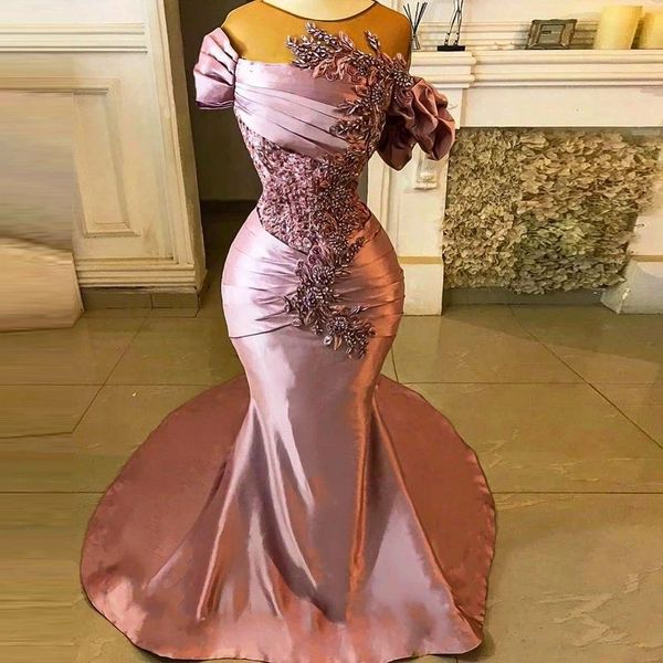 

pale pink beading mermaid evening dresses 2023 pleated sheer o neck plus size arabic aso ebi prom dress african, Black;red