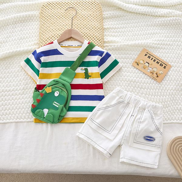 

baby boys clothes set summer cotton dinosaur sports t shirt shorts bag 3pcs sets children clothing boy outfit 1 2 3 4 years, White