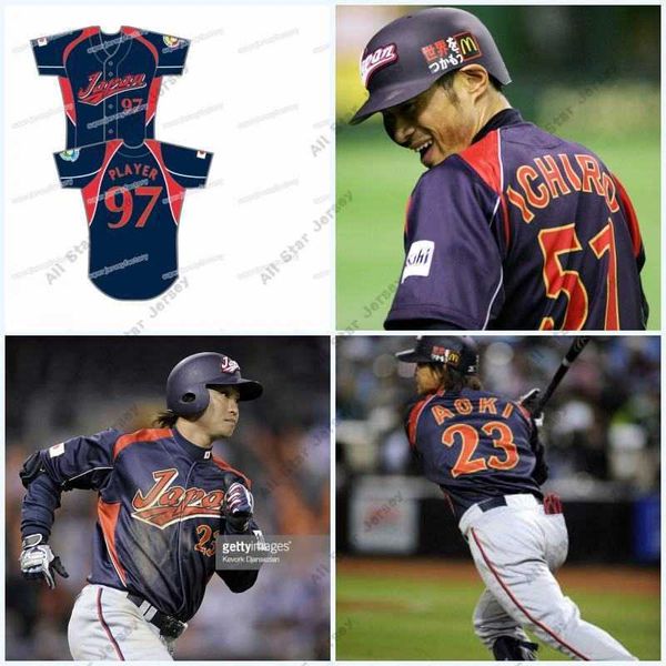 

baseball jerseys 97 player men japan 2009 world baseball jersey 23 norichika aoki 20 maeda 51 ichirosuzuki 24 seiichi uchikawa navy blue bas, Blue;black