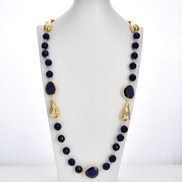 

blue faceted agate cultured white biwa pearl cat eye cz connector long station sweater chain necklace for lady, Silver