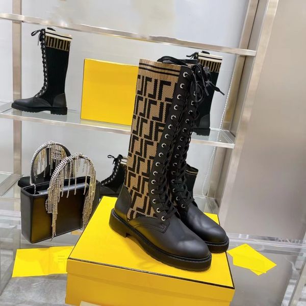 

new fashionable women's boots designer knitted socks boots warm long tube leather letter shoes lace up rubber high heel flat outdoors a, Black