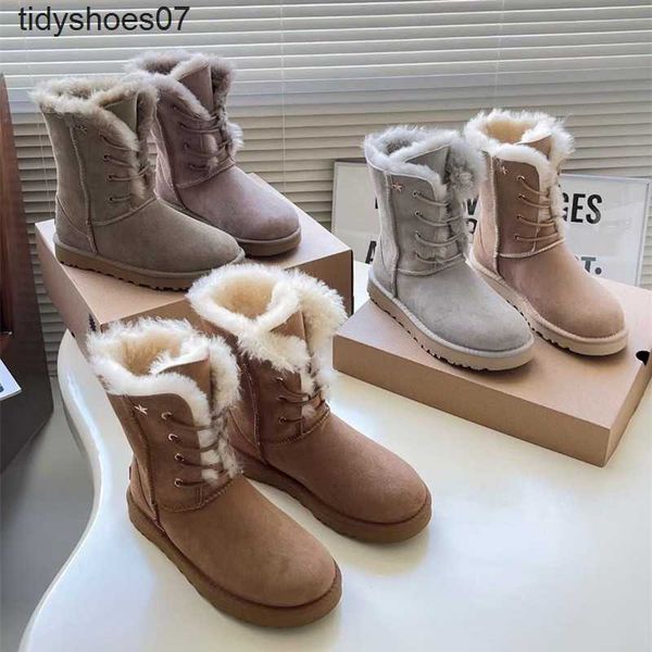 

snow boots women's fur one-piece medium boots comfortable warmth with lace bow, Black