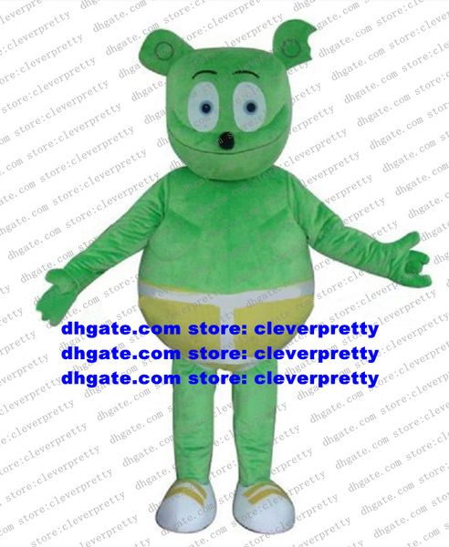 

green gummy bear gummibar mascot costume cartoon character outfit suit commercial promotion routine press briefing no.4600, Red;yellow