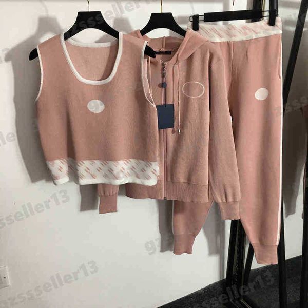 

three piece sets outfit knitted tracksuits designer womens sport suit tank long sleeve hooded zip cardigan jacket casual trousers fashion br, Gray