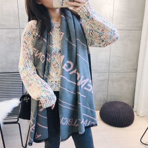

factory online wholesale 75% off classic scarf autumn and winter new paris catwalk letter two-color double-sided women's student imitat, Blue;gray