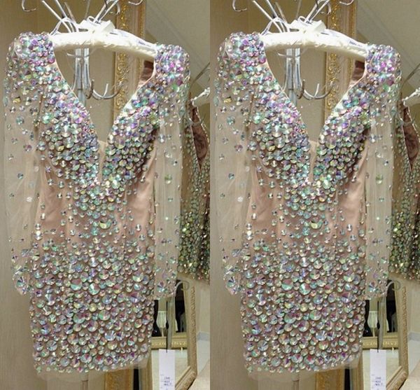 

tulle short prom dresses 2023 long sleeves crystal bead v neck backless saudi arabia dubai homecoming cocktail party gows robes de soiree, Black