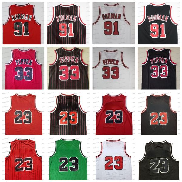 

retro 91 rodman basketball jersey scottie 33 dennis pippen 23 red white stripe green stitched vintage mens jerseys mesh breathable, Black;red