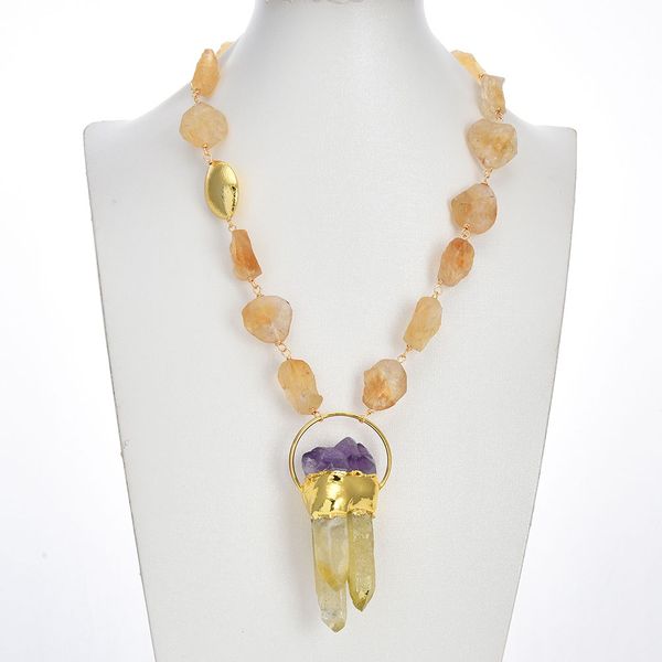 

natural yellow citrine orm rough electroplated edged beads necklace lemon quartz amethyst pendant, Silver