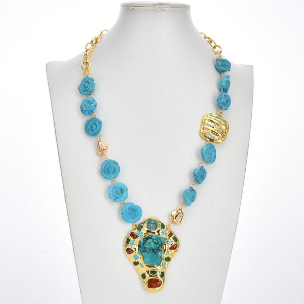 

blue turquoise flower electroplated edged white biwa pearl chain necklace turquoise jades paved pendant, Silver