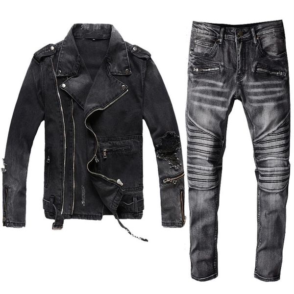 

winter mens black denim two piece set new autumn fashion slim denim jackets and biker jeans vintage 2pcs sets brand clothes suits296h, Gray