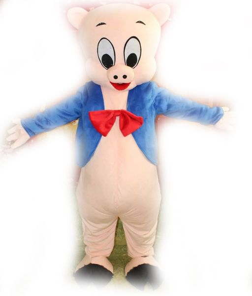 

a pig mascot costume with blue shirt and red tie for to wear, Red;yellow