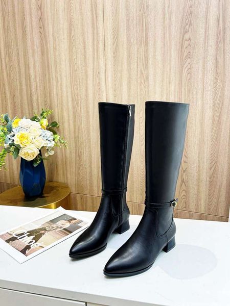 

womens boots knee winter knight long chunky heel rainboots luxury brand shoes cow leather zip size 35-41, Black