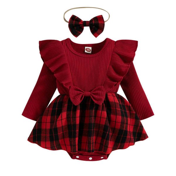 

rompers xmas outfit baby girls romper dress plaid patchwork ruffles long sleeves bow skirt zoom jumpsuits with headband j220922, Blue