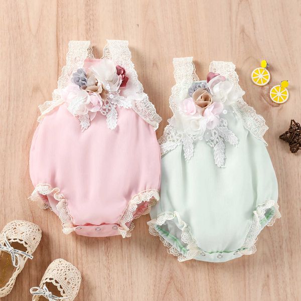 

rompers newborn baby girls sweet romper lace trim shoulders straps 3d flower decoration open back tieup triangle jumpsuit j220922, Blue