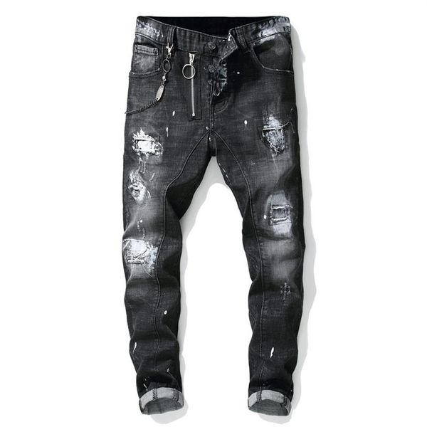 

moruancle mens hi street ripped painted jeans pants with holes streetwear distressed denim trousers black printed jeans273j, Blue