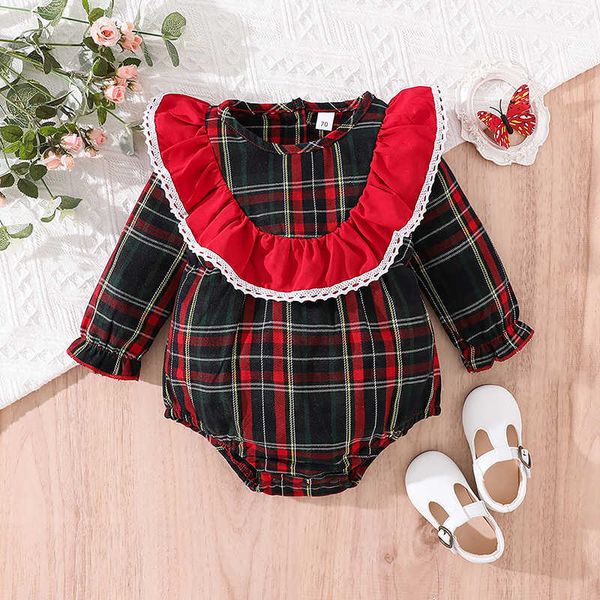 

rompers fashion christmas newborn baby girls plaid lace trim ruffles jumpsuit long sleeve outfits clothing 024m j220922, Blue