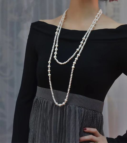 

long necklace natural fresh water pearl 6mm-10mm with luster can be used with dresses to attend parties and weddings gift fro women, Silver