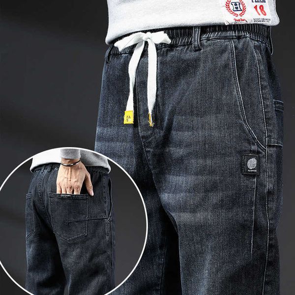 

autumn and winter new men's jeans fashion elastic waist pants loose casual leggings harun, Blue