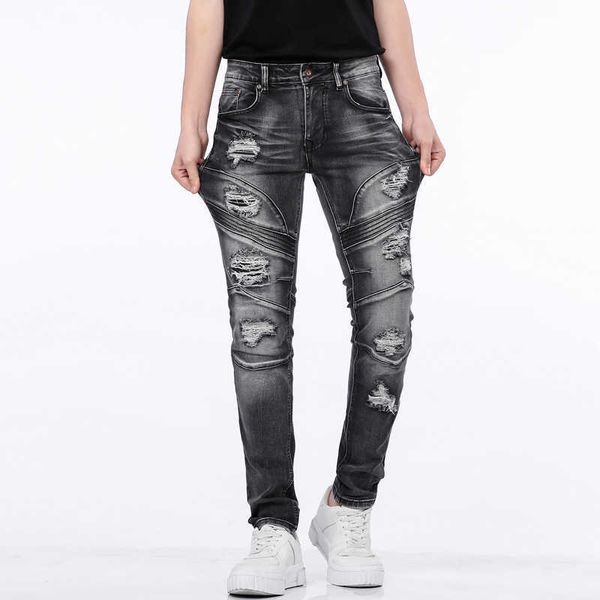 

men's splice broken motorcycle jeans street fashion slim fit pants shorts, Blue