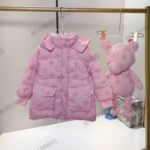 

clothing sets pink reflective girls long down jackets brand high-end kids jacket thick and warm winter new classic children hooded coats 90w, White