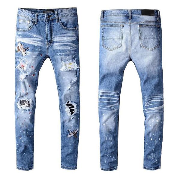 

men jeans holes skinny motorcyclists with slim body denim jeans patches animal embroidery hip hop pants #604345y, Blue