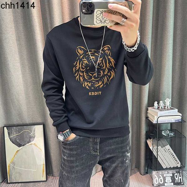 

head printed sweater pure cotton men's tigerss autumn and winter new style men's clothes slim round neck long sleeve bottoming shi, Black