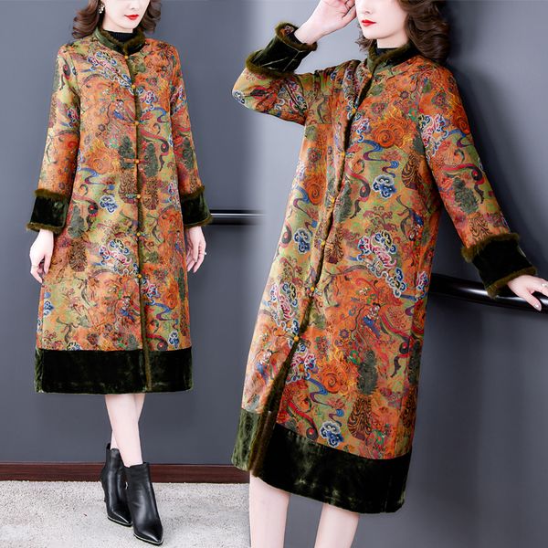 

women's trench coats chinese style cheongsam gown winter tang suit coat vintage oriental robe padded warm asian outwear, Tan;black