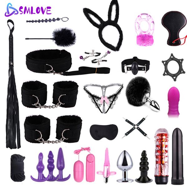 

costumes female toys ankle handcuffs nipples bdsm bondage set whip rope silica gel ass anal butt plug shaker erotic game cosp, Black