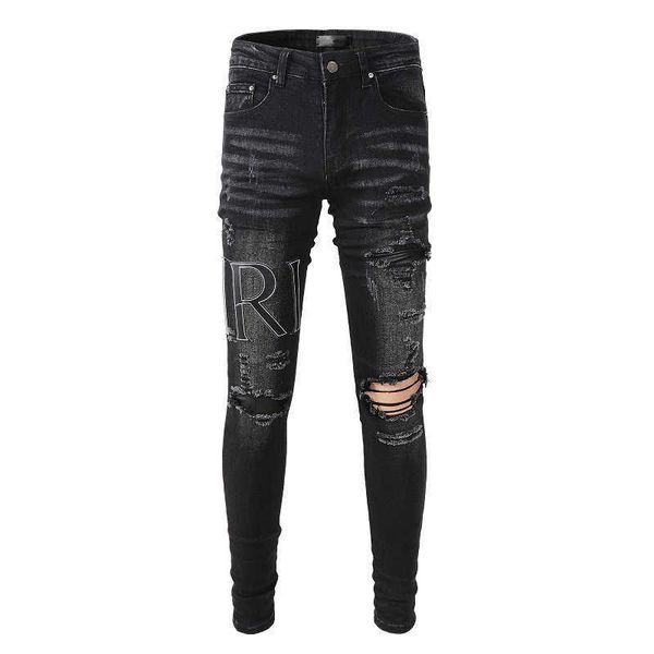 

amiin cool high street fashion brand black broken patch elastic slim fit small feet jeans men 844 leisure casual paint splatter ripped colla, Blue