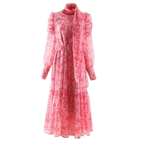 

high-quality stand collar long-sleeve silk blend pleated dress elastic waist, Black