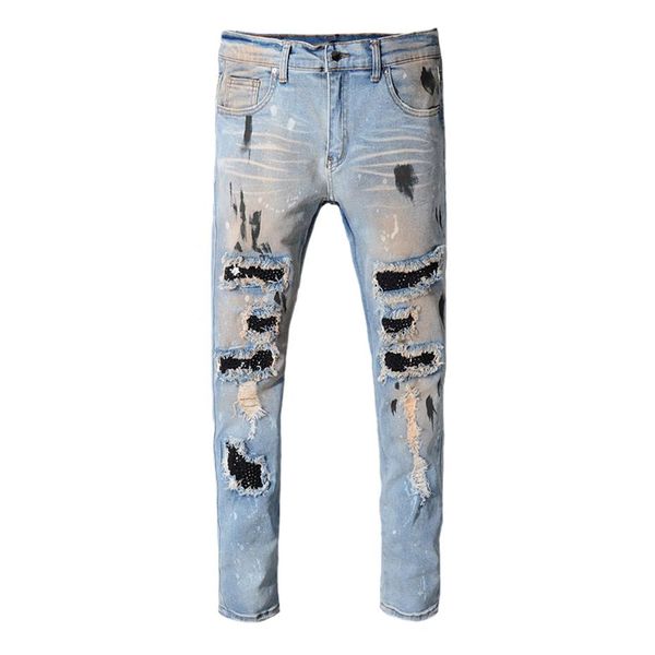 

men's jeans fashion streetwear men retro blue paint destroyed ripped punk pants patchwork designer hip hop homme301v