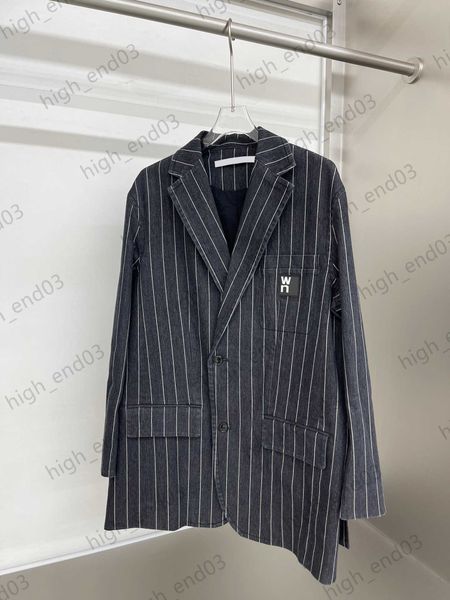

designer jacket women vertical striped denim suit jackets leather logo adorns pocket button flap silhouette coats cool sayin style womens we, Black;brown