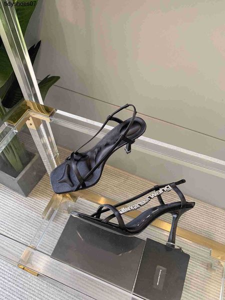 

designer high version aw king square lettered rhinestone high heels women's thin high heels middle heels open toe fashion sandals women, Black