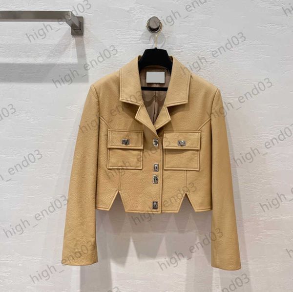 

womens jacket imported natural foam texture clear slit design jackets lapel multi-pocket custom button short leather coats retro style brand, Black;brown