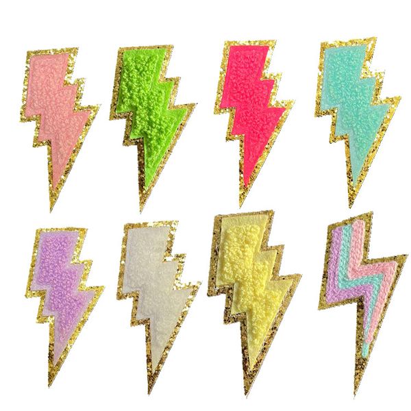 

notions self adhesive glitter chenille patches colorful smiley lightning embroidered patch applique for clothing jackets diy phone backpacks, Black