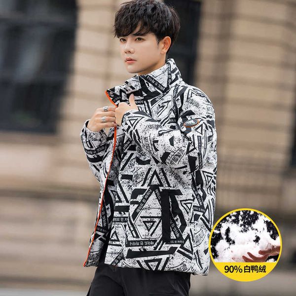 

22 winter new hooded down jacket men's warm jacket men's coat youth, Black