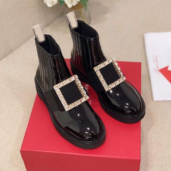 

Luxury Boots designer RV Rhinestone Square button British style Martin boots women's spring and autumn single inner height 2022ss new patent leather Chelsea