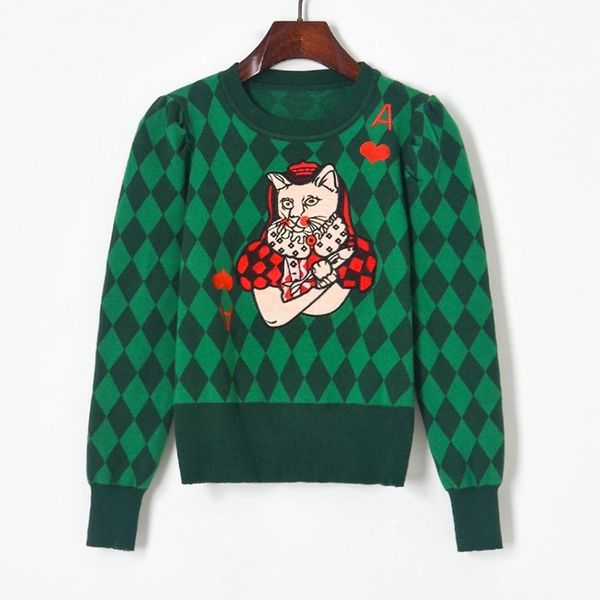 

sweater women pullover long sleeve argyle cat embroidery o neck college style chic casual all-match streetwear vintage sweaters, White;black