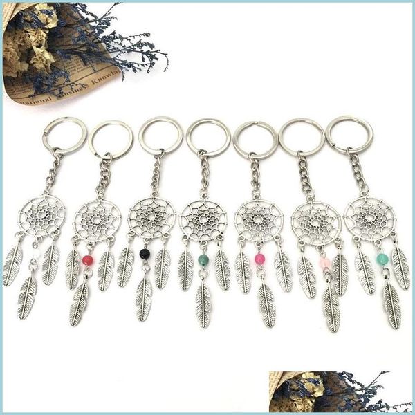 

keychains lanyards sier-color dreamcatcher keychain feather leaf dreamnet catcher keyholder pink blue white bead hanging decoratio dhcrr, Silver
