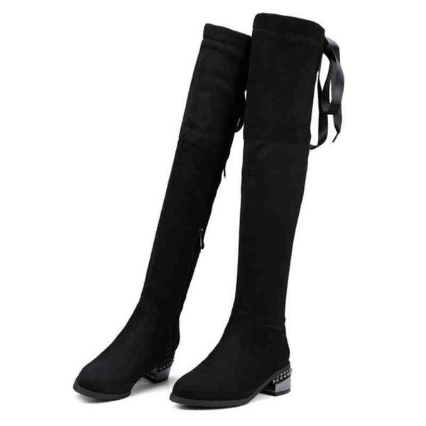 

boots autumn and winter with high tube over the knee boots fashion metal thick with pointed zipper over the knee female winter boots 220913, Black