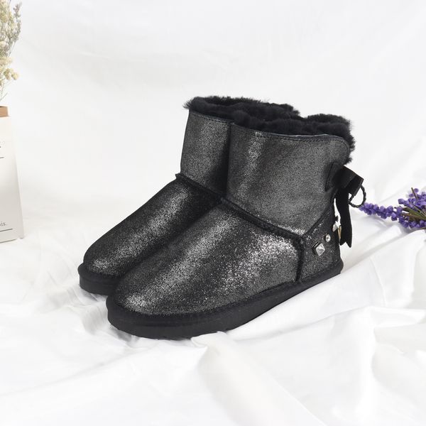 

2022how new designer women winter snow boots fashion australia classic short bow boot ankle knee girl mini bailey solid bead piece, Black