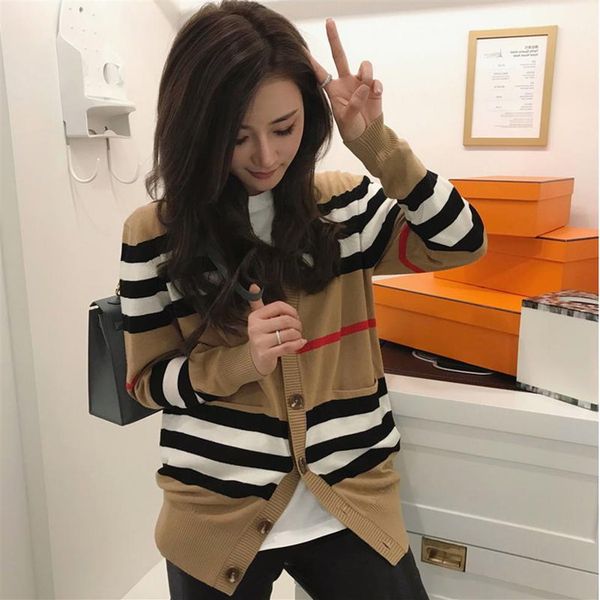 

men's sweaters sueter para mujer chaqueta de cachemira longitud media punto holgado a rayas con cuello en v251b, White;black