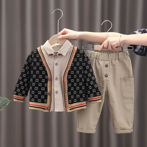 

baby boys clothes sets spring autumn kids fashion cotton knitting cardigan shirt pants 3pcs for children boys sports suit, White